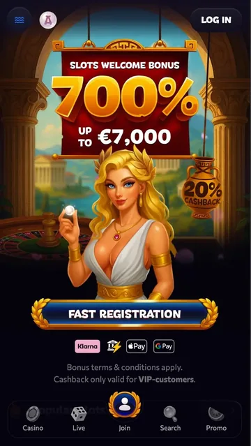 Vue mobile Aphrodite Casino avec bannière 700 % up to €7 000, bouton Fast Registration et barre de navigation Casino / Live / Join / Search / Promo