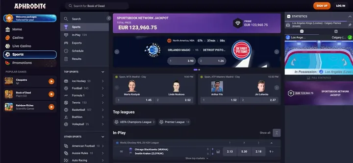Page Sportsbook Aphrodite Casino avec jackpot, matchs NBA, tennis WTA Madrid et liste de disciplines